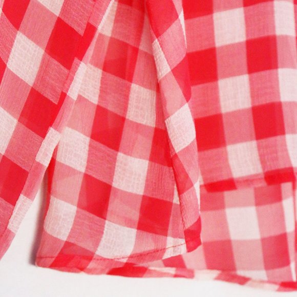 Free People Red Gingham Plaid Semi Sheer Flowy Button Front Shirt Size S Airy - Picture 14 of 15